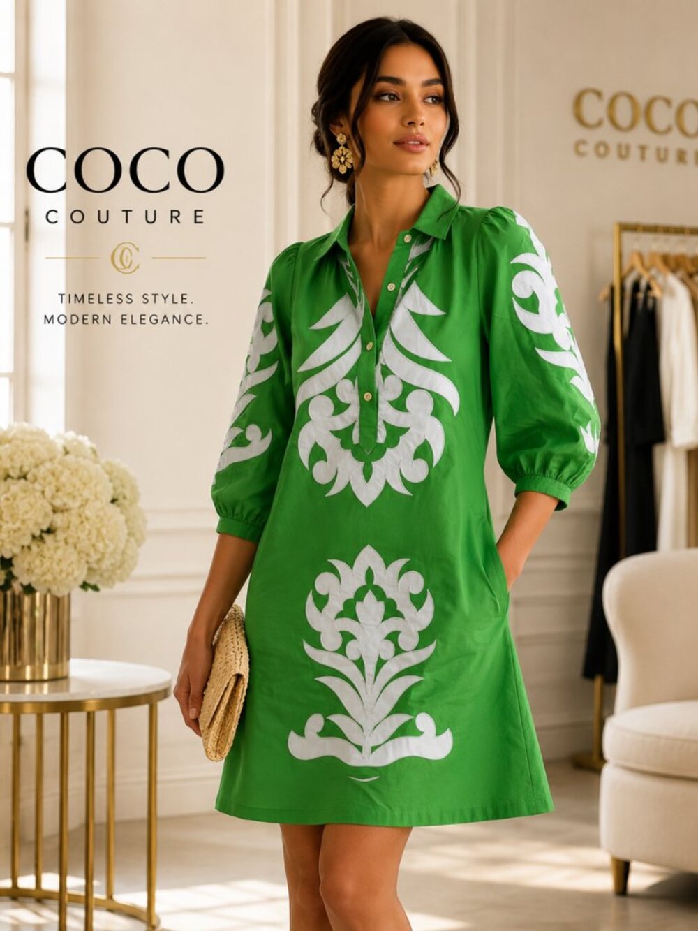 TAS92484 Floral Green & Baby Blue Applique Shift Dress